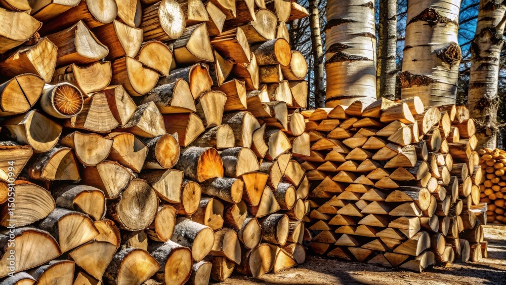 Poster a stack of firewood logs in a forest setting, sunlight illuminates the wooden texture of the stack
