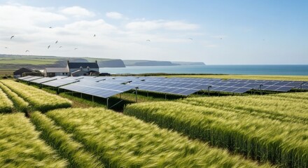 Coastal Farm with Expansive Fields of Barley and Coastal Grasses, Solar Panels on Weather-Resistant Frames, Ocean Cliffs in the Background, Bright Sky, and Seagulls Wheeling Above the Farmhouse