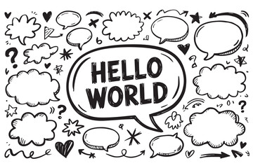 Hand Drawn Sketch Speech Bubbles with Hello World Text