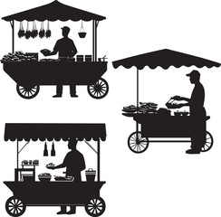 Silhouette Street Food Carts with Vendors Vector Illustration