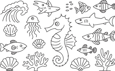 Hand Drawn Sketch Set of Sea Creatures and Marine Elements