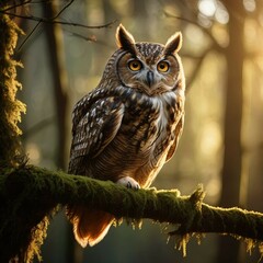 Obraz premium A magnificent brown horned owl, a nocturnal hunter with intense yellow eyes, perched in a tree, showcasing its majestic wild nature and feathery white and brown plumage