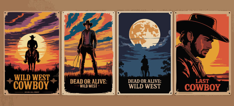 Epic Wild West Cowboy Posters &ndash; Rodeo, Lone Riders, Moonlit Cliffs & Gunslingers in Bold Silhouette Western Style	