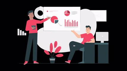 4K character animation showing business data presentation with charts and graphs. Transparent background, perfect for overlay in corporate videos. - Powered by Adobe