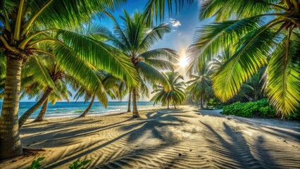 Fototapeta premium Palm trees line a pristine beach, casting long shadows on the soft white sand, as the sun peeks through the lush foliage creating a breathtaking tropical paradise.
