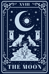 Mystical tarot card The Moon illustration with crescent moon, symbolic river monochromatic one color flat vector esoteric design for boho prints, witchy decor, spiritual art, and magic symbolism