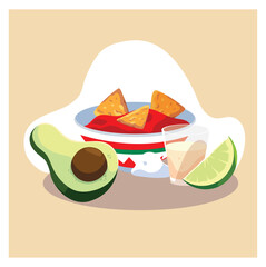 Vector Illustration of Avocado, Nachos and Tequila.