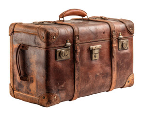 Vintage leather suitcase antique collector's item home rustic side view travel concept isolated on transparent background