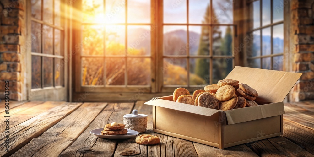 Poster a box full of freshly baked cookies sits on a rustic wooden table with a view of a beautiful autumna