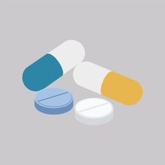 Flat Design Illustration of Colorful Capsules and Tablets on Gray Background – Medical and Pharmaceutical Concept