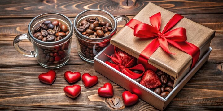 A romantic gift box filled with coffee beans and surrounded by red hearts, a perfect way to express love and appreciation. - Powered by Adobe
