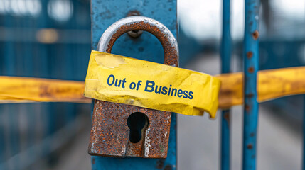 business closed. Closed padlock with "Out of Business" sign on a gate.