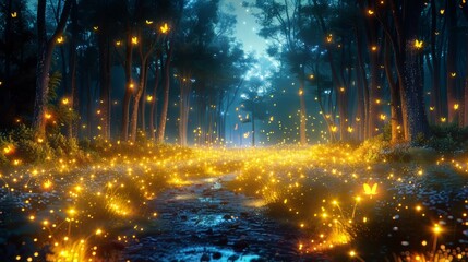 A scene of nocturnal life in a forest, with fireflies illuminating the darkness and the textures of the night flora and fauna vividly depicted.