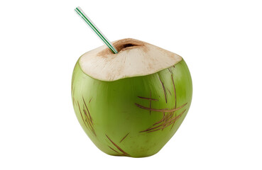 Fresh green coconut with straw ready to drinking isolated on transparent background