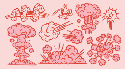 Various cartoon Explosions. Bomb, fire cloud, explosion burst, boom, blast, bang, smoke, gas puffs. Retro, vintage, comic style. Hand drawn trendy Vector illustration. Isolated design elements © Dariia