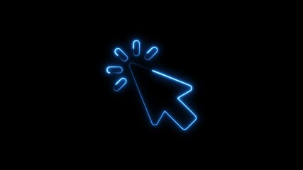 Glowing blue neon animated click cursor icon clicking over dark black background - Powered by Adobe