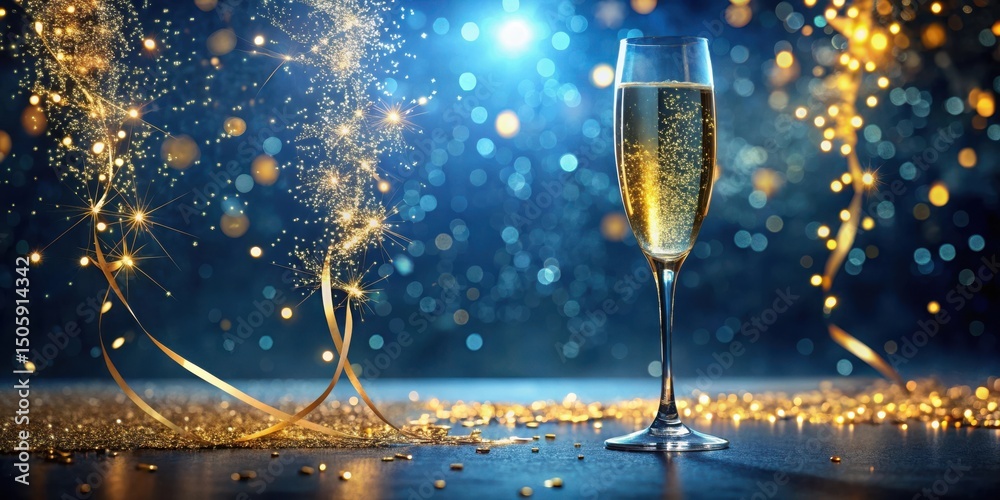 Aufkleber a single glass of champagne sits on a shimmering surface with golden streamers and sparkling lights 