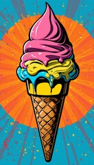 Vibrant Pop Art Ice Cream Cone with Bright Background