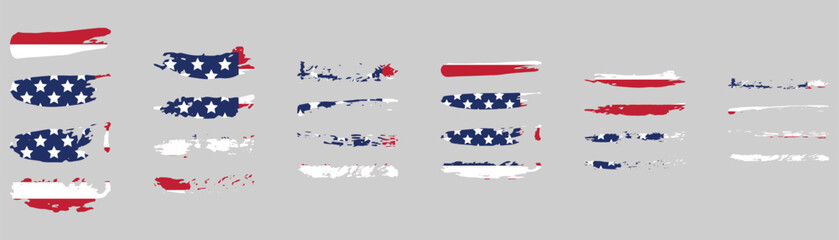 Set of brush stroke with USA colors pattern Vintage Style United States Flag with Weathered Paint Aging effect Strokes are jagged imperfect America design elements collection Peeling paint effect