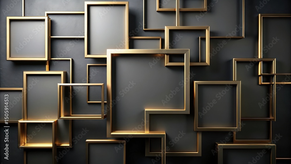 Fototapete A minimalist abstract composition featuring an array of golden frames layered against a sleek, dark background, creating a captivating interplay of light and shadow.