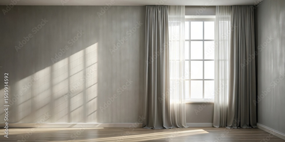 Poster Sunlight streaming through a window with curtains and a textured wall casting diagonal shadows on the floor