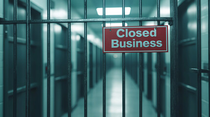 business closed. Closed business sign behind bars in a dimly lit corridor.