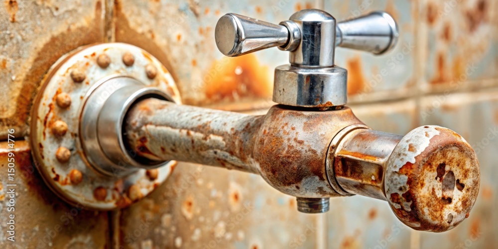 Poster A weathered metal faucet with a chrome handle, showcasing the effects of time and wear. The surface is covered in a thick layer of rust, highlighting the passage of time.