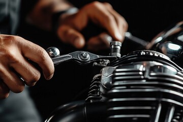 Close-up of hands using tools to repair a motorcycle engine.