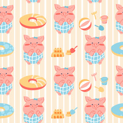 Obraz premium Cute baby pig character relaxing on the beach seamless pattern. Design for wrapping paper, fabric and textile. Adorable summer vector Illustration