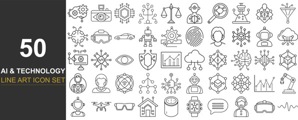 50 Modern Line Art Vector Icons Representing Artificial Intelligence Concepts Including Neural Networks, Chatbots, Smart Devices, and Machine Learning for Apps, Presentations, and UI/UX Projects