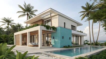 A modern two story house with a pool and palm trees in a tropical location on a sunny day outside