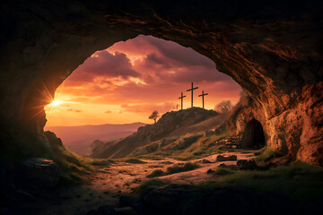 sunrise in the mountains and Jesus sign.