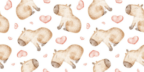 Fototapeta premium Capybaras in love and red hearts. Valentine's Day background with cute rodent. Hand drawn watercolor seamless surface pattern design of guinea pig for February 14,wallpaper, textile, wrapping paper