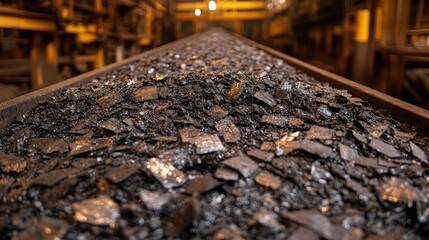 Metal fragments on conveyor belt in industrial factory