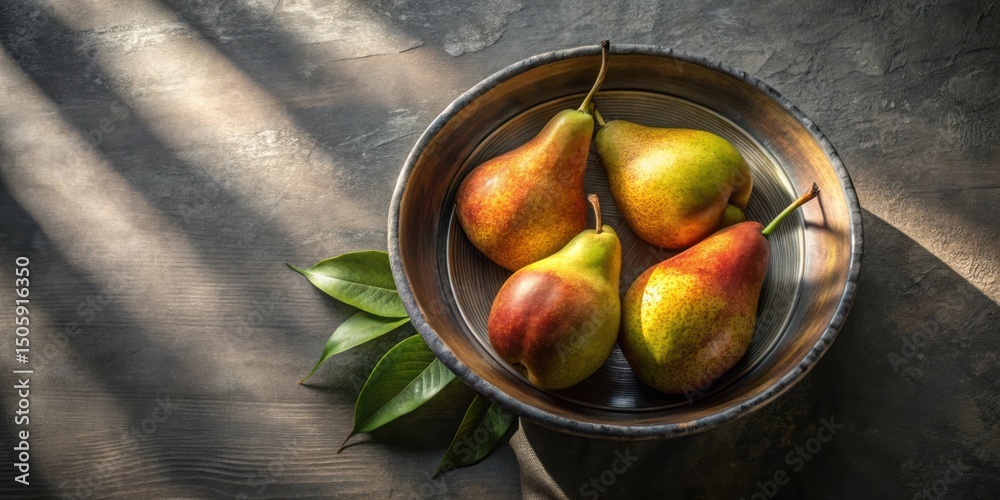 Aufkleber four ripe pears arranged in a rustic bowl, bathed in soft sunlight and casting warm shadows on a wea