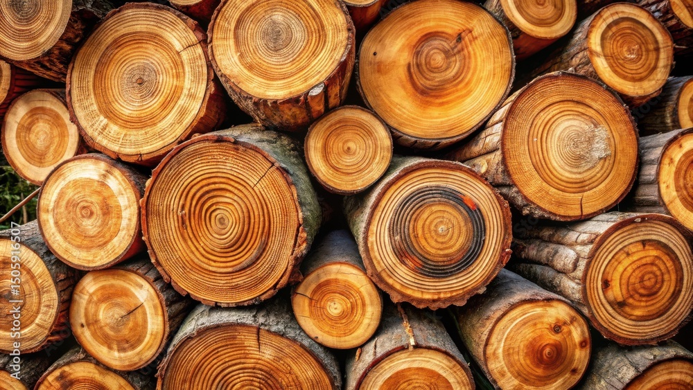 Poster A Close-Up View of a Stacked Pile of Cut Tree Trunks, Revealing Intricate Circular Patterns and a Rich Brown Color Palette
