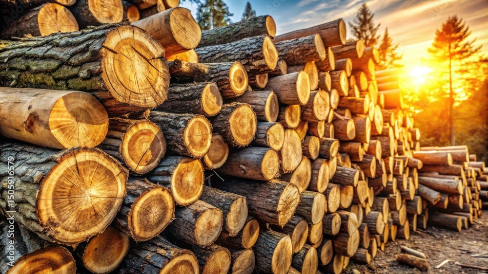 Aufkleber A stack of cut logs basking in the golden light of a setting sun, showcasing the intricate grain patterns of nature's bounty