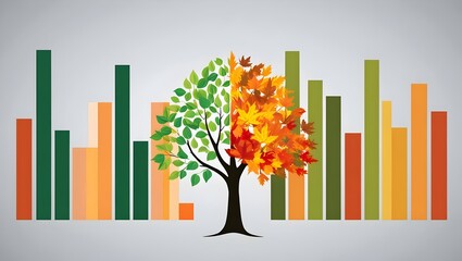Colorful vector illustration of a half-green, half-autumn tree with multicolor bar graph background &ndash; symbolic data concept blending nature, seasons, and analytics.