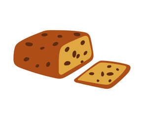 Flat vector illustration of a square loaf style cake with raisins or chocolate chips, including a sliced piece. Hand drawn and isolated on a white background.