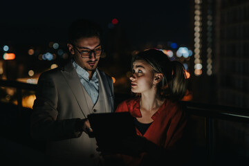 Business people are working together at night, analyzing data on a tablet. The setting suggests a collaborative brainstorming session, embodying teamwork and dedication in a multicultural environment