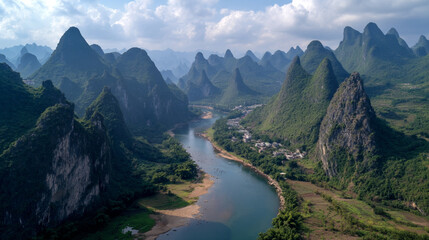 Aerial view of the li river winding through karst mountains in guilin china landscape scenery