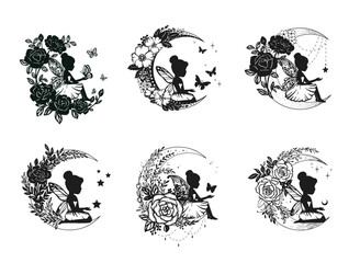 Silhouette of a fairy with flowers and moon. Vector illustration isolated on white background.