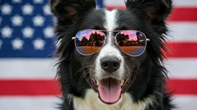 Border collie dog wearing sunglasses in front of american flag