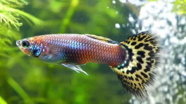 Ultra high-resolution macro video of champion guppy fish with metallic silver and  gold body, gold dorsal stripe, flowing black and gold caudal fin, cinematic lighting, aquatic plant background