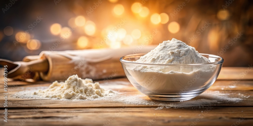 Poster a bowl of white flour sits on a rustic wooden table with a rolling pin and sprinkles of flour surrou
