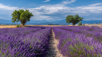 Fototapeta premium Lavender field with two trees under a cloudy sky and distant mountains on a sunny day in provence