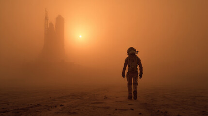 A brave astronaut in a spacesuit explores a misty Mars. This adventure shows the possibility of space travel, finding a new home, and settling on another planet.