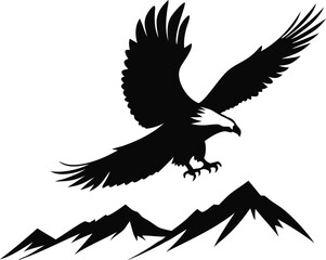 Obraz premium Soaring Eagle Above Mountains: An artistic silhouette captures an eagle in mid-flight over majestic mountain peaks, creating a sense of freedom and power.