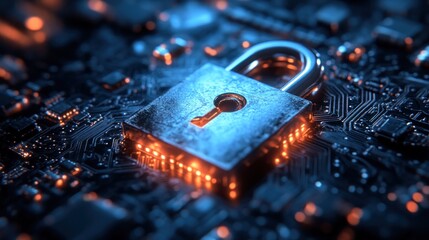 Fototapeta premium Metal lock on circuit board with glowing lights