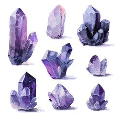Realistic Watercolor Illustration of Amethyst Crystals.